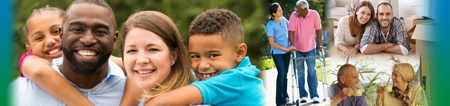 Collage of various photographs of happy smiling families, childrean and elderly adults.